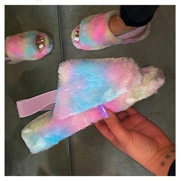 Women Fur Wedge Slippers with Ankle Elastic Band Open Toe Winter Slides Home Slipper Plush Slip-on Fluffy Warm Indoor Slippers Comfortable