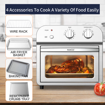 Geek Chef Air Fryer Toaster Oven, 4 Slice Convection Airfryer Countertop Oven, Roast, Bake, Broil, Reheat, Fry Oil-Free, Cooking 4 Accessories Included, Stainless Steel,1500W