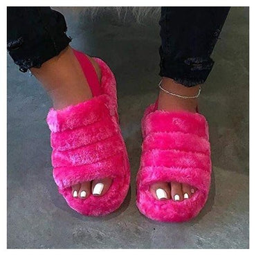 Women Fur Wedge Slippers with Ankle Elastic Band Open Toe Winter Slides Home Slipper Plush Slip-on Fluffy Warm Indoor Slippers Comfortable