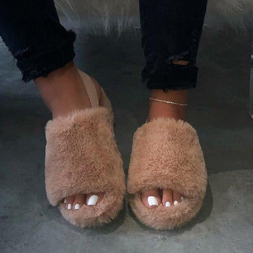 Women Fur Wedge Slippers with Ankle Elastic Band Open Toe Winter Slides Home Slipper Plush Slip-on Fluffy Warm Indoor Slippers Comfortable