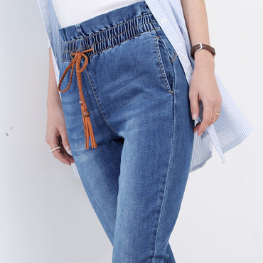 Factory manufacturer good stretch 9.4oz Cotton polyester lycra satin denim fabric for making women jeans