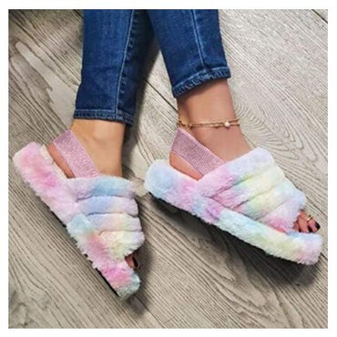 Women Fur Wedge Slippers with Ankle Elastic Band Open Toe Winter Slides Home Slipper Plush Slip-on Fluffy Warm Indoor Slippers Comfortable