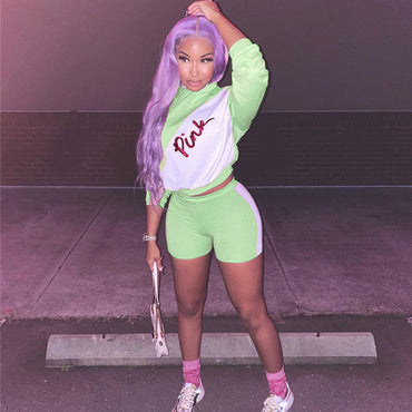 Women Designer Sequin Pink Letter Patchwork Tracksuit Long Sleeve Hooed Hoodies + Shorts Two-piece Suit Casual Sportswear Suit D6208