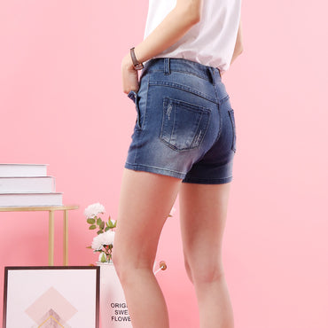 Women Elastic High Waist Shorts Fashion Feminino Denim Shorts for Women Loose Cuffs Straight Blue Short Jeans