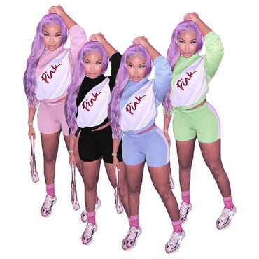 Women Designer Sequin Pink Letter Patchwork Tracksuit Long Sleeve Hooed Hoodies + Shorts Two-piece Suit Casual Sportswear Suit D6208