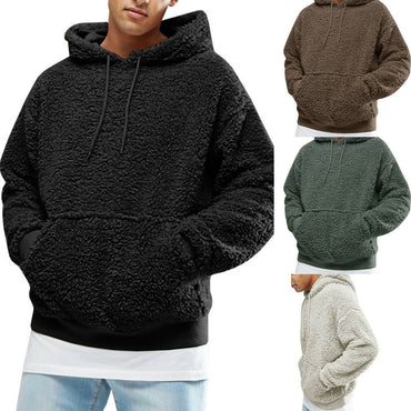 Autumn and winter men's Sherpa pullover hoodie sweatshirt pocket coat fuzzy fluffy jacket