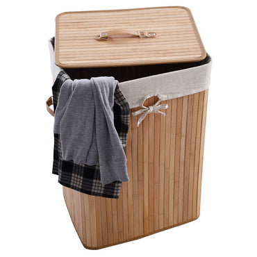 Bamboo Laundry Hamper, Single Lattice Folding Cloth Storage Basket Dirty Clothes Hamper, Collapsible Hamper with Lid and Removable Lining RT