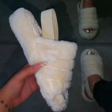 Women Fur Wedge Slippers with Ankle Elastic Band Open Toe Winter Slides Home Slipper Plush Slip-on Fluffy Warm Indoor Slippers Comfortable