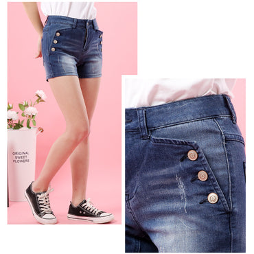 Women Elastic High Waist Shorts Fashion Feminino Denim Shorts for Women Loose Cuffs Straight Blue Short Jeans