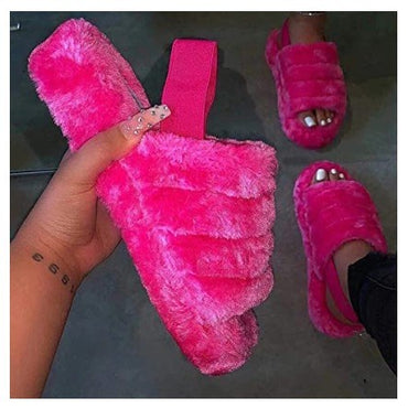 Women Fur Wedge Slippers with Ankle Elastic Band Open Toe Winter Slides Home Slipper Plush Slip-on Fluffy Warm Indoor Slippers Comfortable