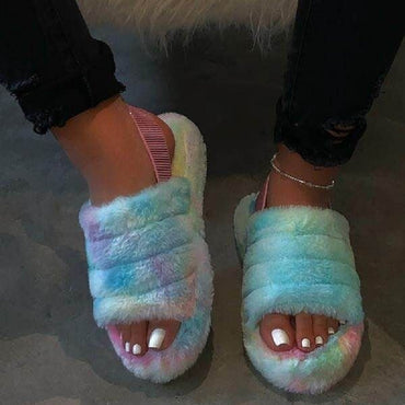 Women Fur Wedge Slippers with Ankle Elastic Band Open Toe Winter Slides Home Slipper Plush Slip-on Fluffy Warm Indoor Slippers Comfortable