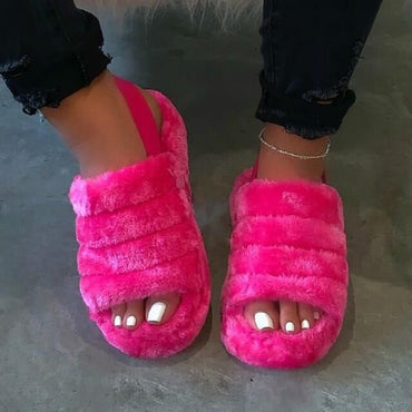 Women Fur Wedge Slippers with Ankle Elastic Band Open Toe Winter Slides Home Slipper Plush Slip-on Fluffy Warm Indoor Slippers Comfortable