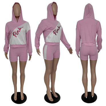 Women Designer Sequin Pink Letter Patchwork Tracksuit Long Sleeve Hooed Hoodies + Shorts Two-piece Suit Casual Sportswear Suit D6208