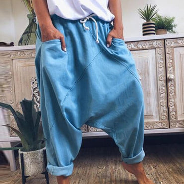 Women Harem Pants Trousers Boho Mid Waist Pants Women Solid Check Pants Baggy Wide Leg Casual Capris 2021