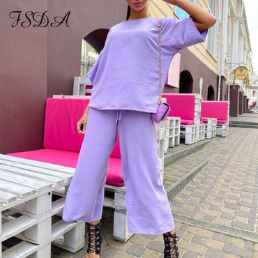 FSDA 2020 Summer Khaki Women Set Loose Short Sleeve Top Shirt And Long Pants Bottom Two Piece Seta Beach Home Casual Outfit Suit