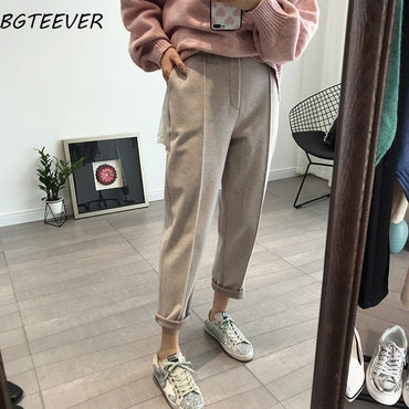 BGTEEVER Winter Thicken Women Pencil Pants Plus Size Wool Pants Female Autumn High Waist Loose Trousers Capris Good Fabric