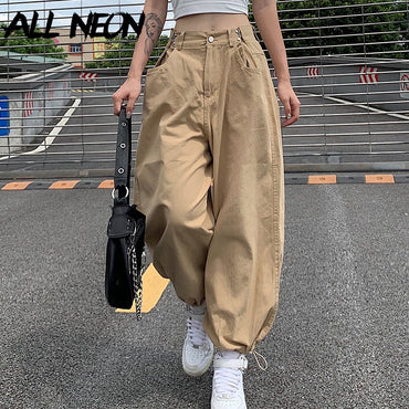 ALLNeon Y2K Fashion Khaki Oversized Cargo Pants Hip Hop Style Loosed Adjustable Waist Drawstring Long Pant Streetwear 90s Autumn