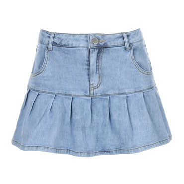 IAMSURE Preppy Style Casual Zipper Fly Safety Short Denim Skirt Summer Streetwear Ruffles High Waist Mini Jeans Skirt For Women