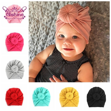 Nishine Baby Turban Hat with Bow Children Hats Cotton Blend Newborn Beanie Top Knot Caps Kids Headwear Photo Props Shower Gift
