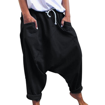 Women Casual Drawstring Pockets Drop Crotch Baggy Long Trousers Harem Pants