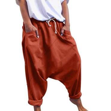 Women Casual Drawstring Pockets Drop Crotch Baggy Long Trousers Harem Pants