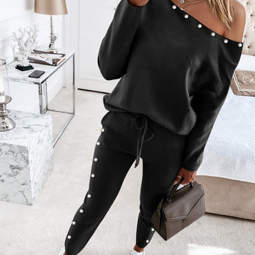Spring Autumn Women's One Shoulder Beaded Top & Drawstring Pants Set Femme Casual Outfits Ladies Sport Wear 2021 New Popular