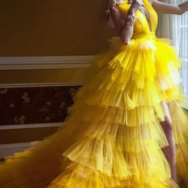 Smileven Princess Prom Gowns High Low Tiered Puff Tulle Long Evening Dress Deep V Neck Prom Party Dresses Custom Made