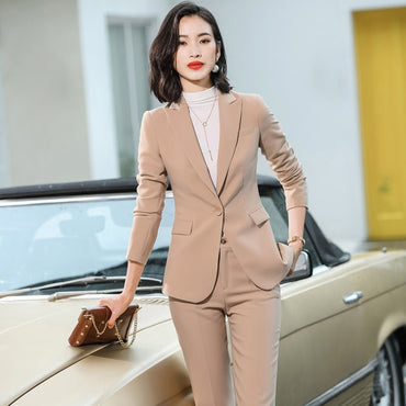 Beige Pink Khaki Apricot Coffee Black Blue S-5XL 2 Piece Set Women Pant Suit Office Lady OL Girl Jacket Blazer And Trousers