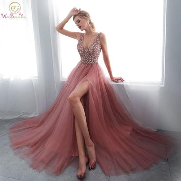 Beading Prom Dresses 2021 Plus Size Pink High Split Tulle Sweep Train Sleeveless Evening Gown A-line Lace Up Backless Vestido De
