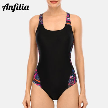 Anfilia Women's One Piece Sports Swimwear Athlete Sport Swimsuit Printed Bikini Race Back Beach Wear Bathing Suit