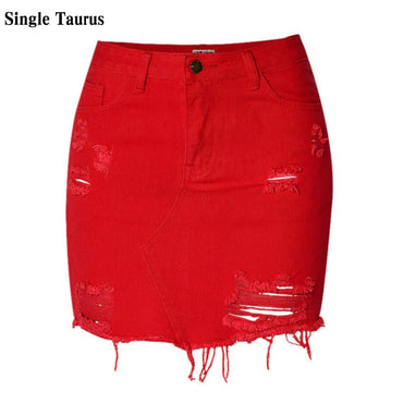 England High Waist Sexy Jeans Skirts Women Top Quality Cotton Irregular Hole Ripped Denim Skirts Mujer Red Tassel Short Saia