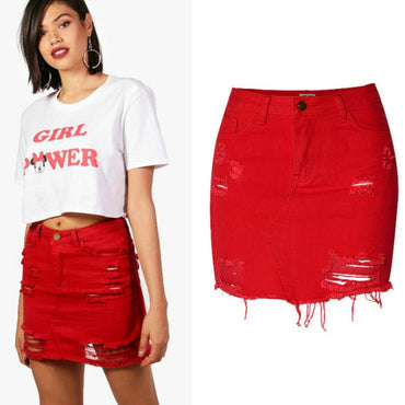 England High Waist Sexy Jeans Skirts Women Top Quality Cotton Irregular Hole Ripped Denim Skirts Mujer Red Tassel Short Saia