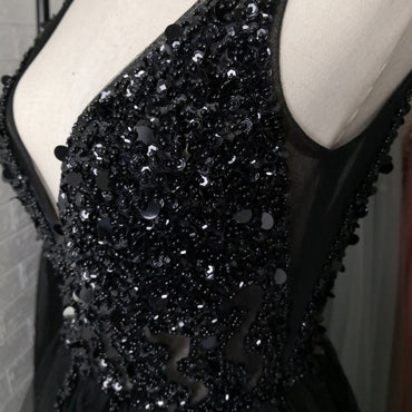 Beading Prom Dresses Long 2021 V Neck Light Gray High Split Tulle Sweep Train Sleeveless Evening Gown A-Line Backless Vestido De