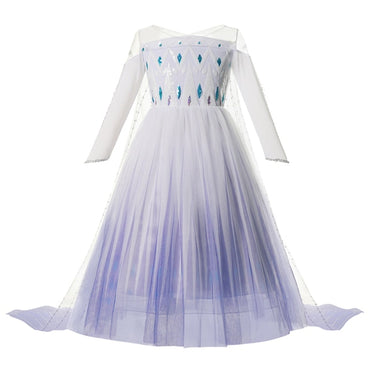 Autumn Winter Frozen 2 Elsa Princess Cosplay Snow Queen Dress Girl White Long Sleeve Mesh Prom Gown Kids Halloween Party Costume