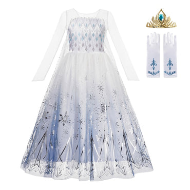 Autumn Winter Frozen 2 Elsa Princess Cosplay Snow Queen Dress Girl White Long Sleeve Mesh Prom Gown Kids Halloween Party Costume
