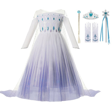 Autumn Winter Frozen 2 Elsa Princess Cosplay Snow Queen Dress Girl White Long Sleeve Mesh Prom Gown Kids Halloween Party Costume