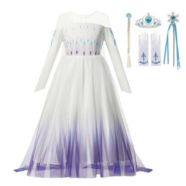 Autumn Winter Frozen 2 Elsa Princess Cosplay Snow Queen Dress Girl White Long Sleeve Mesh Prom Gown Kids Halloween Party Costume