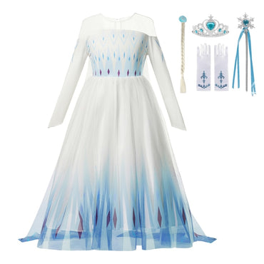 Autumn Winter Frozen 2 Elsa Princess Cosplay Snow Queen Dress Girl White Long Sleeve Mesh Prom Gown Kids Halloween Party Costume