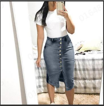 Women Blue Skinny Denim Skirt Casual High Waist Denim Skirts Summer High Street Pockets Button All-matched Jeans Skirt