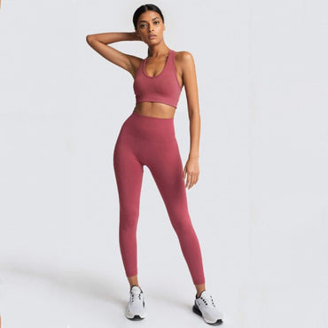 Red Sport Suit Women's Breathable Tights Stretchy Comfortable Yoga Pants + Bra 2pcs Gym Fitness Wear Seamless Leggings Set