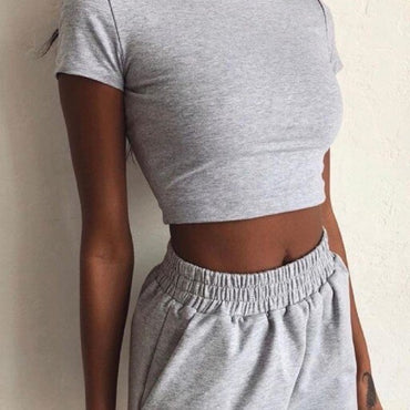 2021 Summer 2Pcs Set Women's Clothes Set O-Neck Casual Crop Top Female Clothing Tracksuit Pockets Loose Shorts Sport Casual Wear