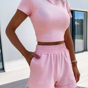 2021 Summer 2Pcs Set Women's Clothes Set O-Neck Casual Crop Top Female Clothing Tracksuit Pockets Loose Shorts Sport Casual Wear