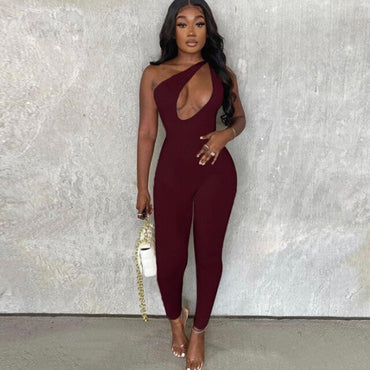 2021 Summer Women's One Shoulder Jumpsuit Sexy Skinny Overall Romper Sleeveless Sport Wear For Women