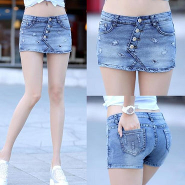 Summer 2018 Denim Skirt Shorts Female Fashion High Waist Stretch All-match Women Shorts Skirt Plus Size Blue Jeans Shorts