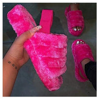 Women Fur Wedge Slippers with Ankle Elastic Band Open Toe Winter Slides Home Slipper Plush Slip-on Fluffy Warm Indoor Slippers Comfortable