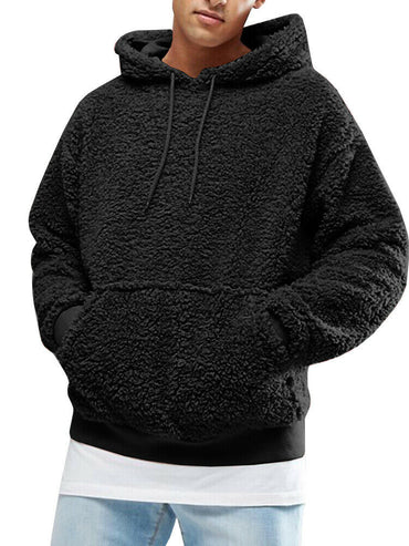 Autumn and winter men's Sherpa pullover hoodie sweatshirt pocket coat fuzzy fluffy jacket