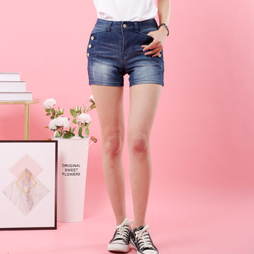 Women Elastic High Waist Shorts Fashion Feminino Denim Shorts for Women Loose Cuffs Straight Blue Short Jeans