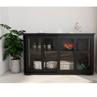Free shipping  Kitchen Storage Sideboard, Antique Stackable Cabinet for Home Cupboard Buffet Dining Room (Black Sideboard with Sliding Door Window)