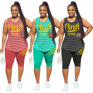 Women PINK Letter Print Tracksuit Sleeveless Striped Vest T Shirt Knee Length Shorts Two Pieces Set Outfits Fashion Designer Casual Sport Suit S-XXXL D62914