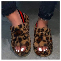 Women Fur Wedge Slippers with Ankle Elastic Band Open Toe Winter Slides Home Slipper Plush Slip-on Fluffy Warm Indoor Slippers Comfortable